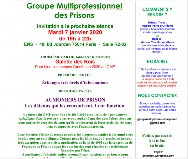 AUMONIERS en prisons, ceux qu’ils rencontrent et GALETTE des Rois MARDI 7 janvier 19h à Paris 14e